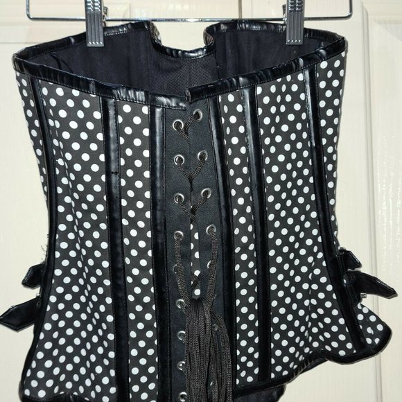 Burlesk Black Polka Dot Corset Buckle Steel Goth Rockabilly Lace Overbust Size M - Picture 4 of 6